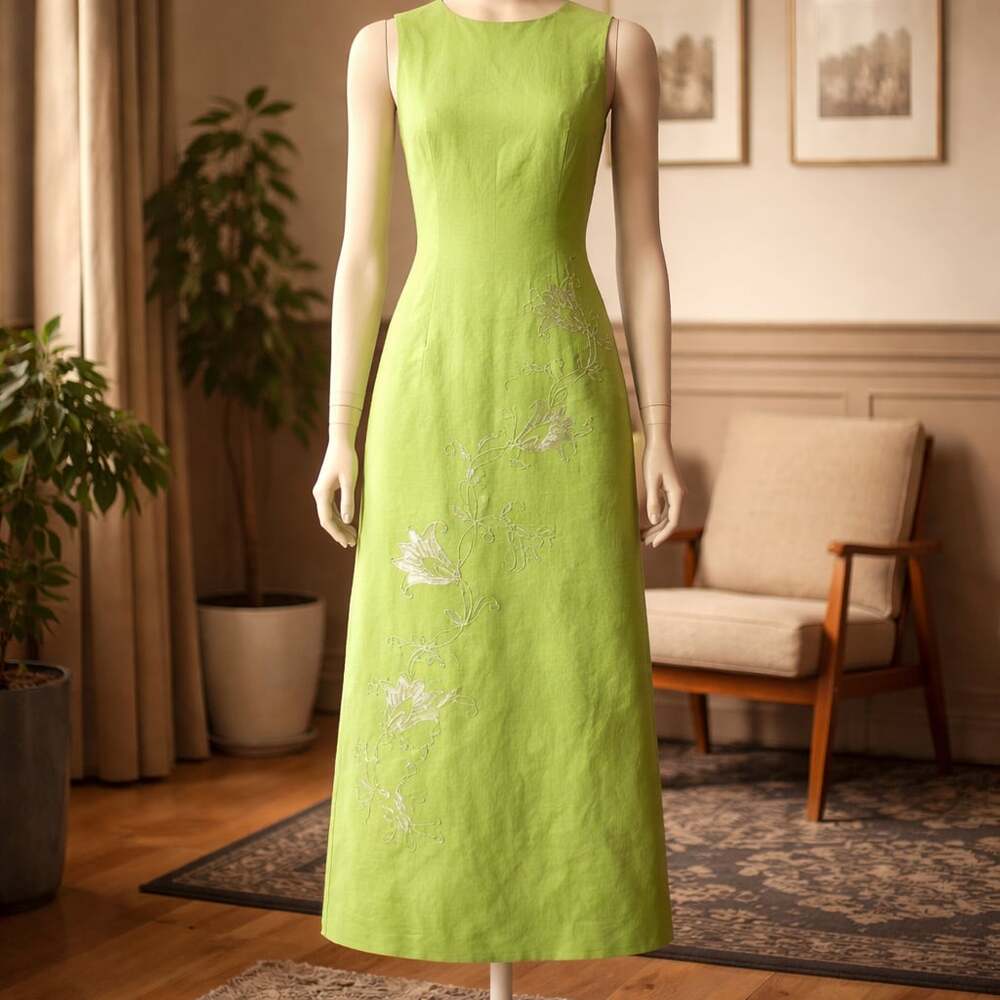Adrianna Papell Lime Green Linen Blend Embroidered Maxi Dress Size 4